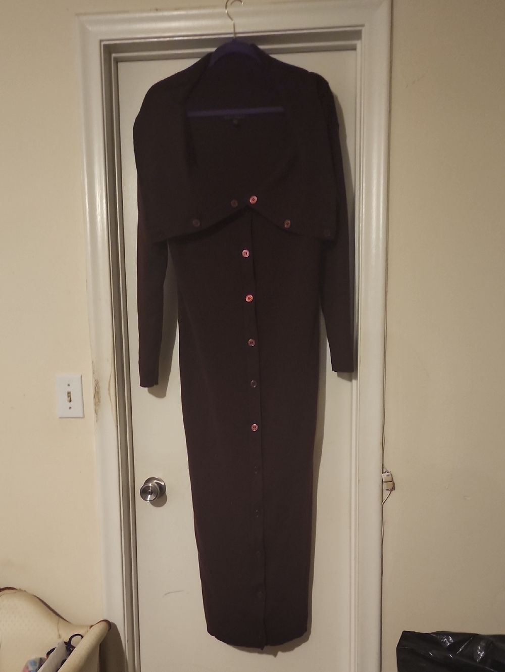 Classic Long Button-Front Burgdandy Dress with Shawl Collar